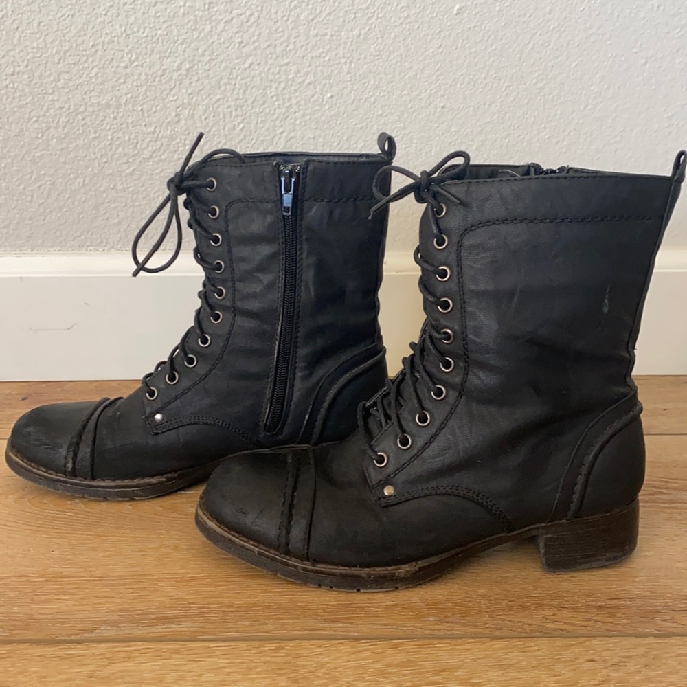 Cathy Jean Black Combat Boots, size 7.